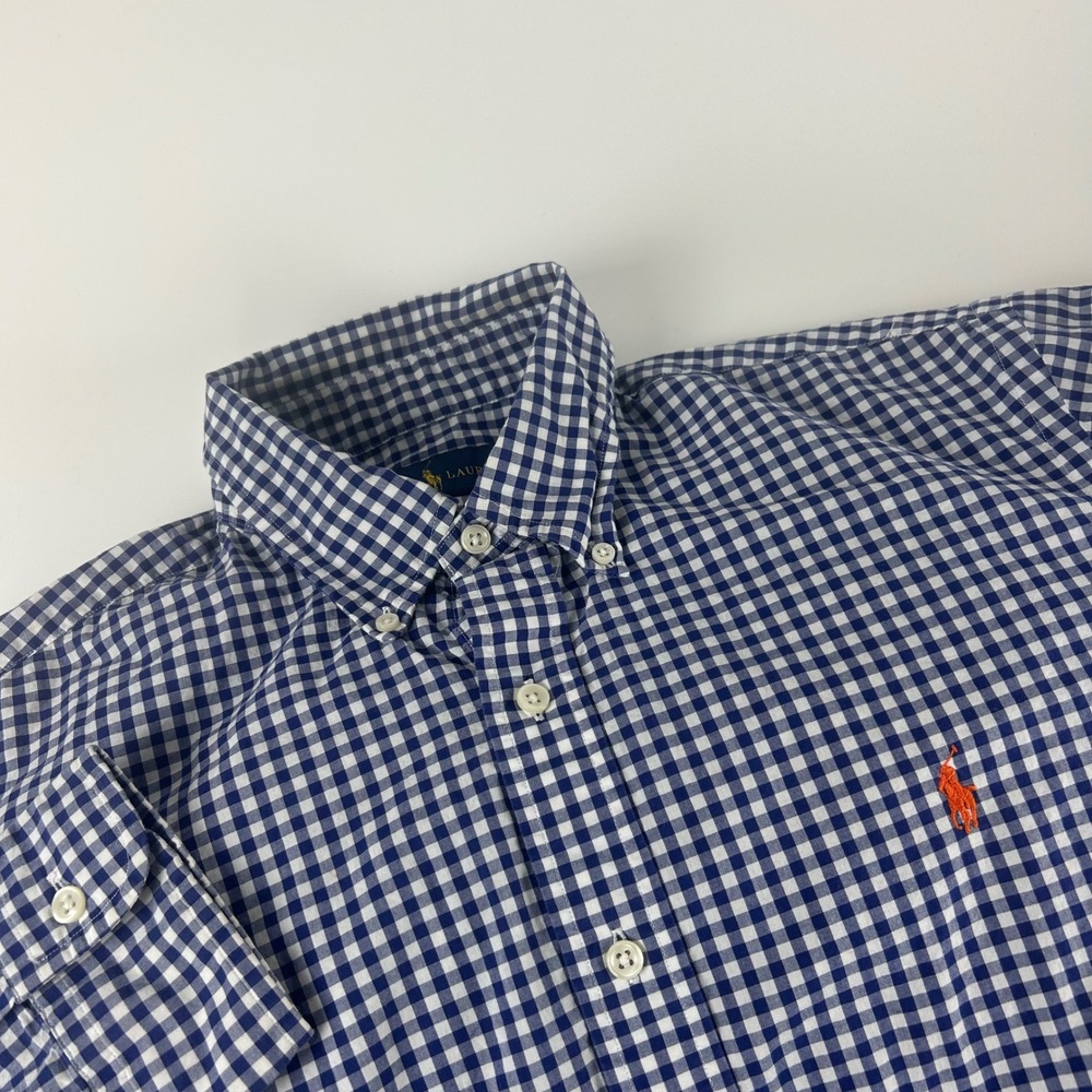 Ralph Lauren Mens L Gingham Check Button Down Shirt Blue White Long Sleeve Pony